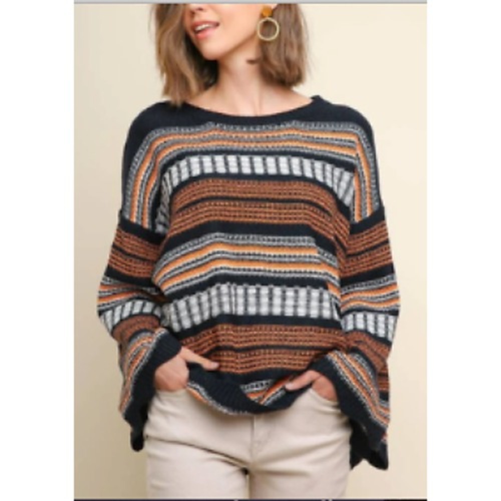 Umgee Navy Orange Striped Oversized Bell Sleeve Boho Scallop Hem Sweater Sz M